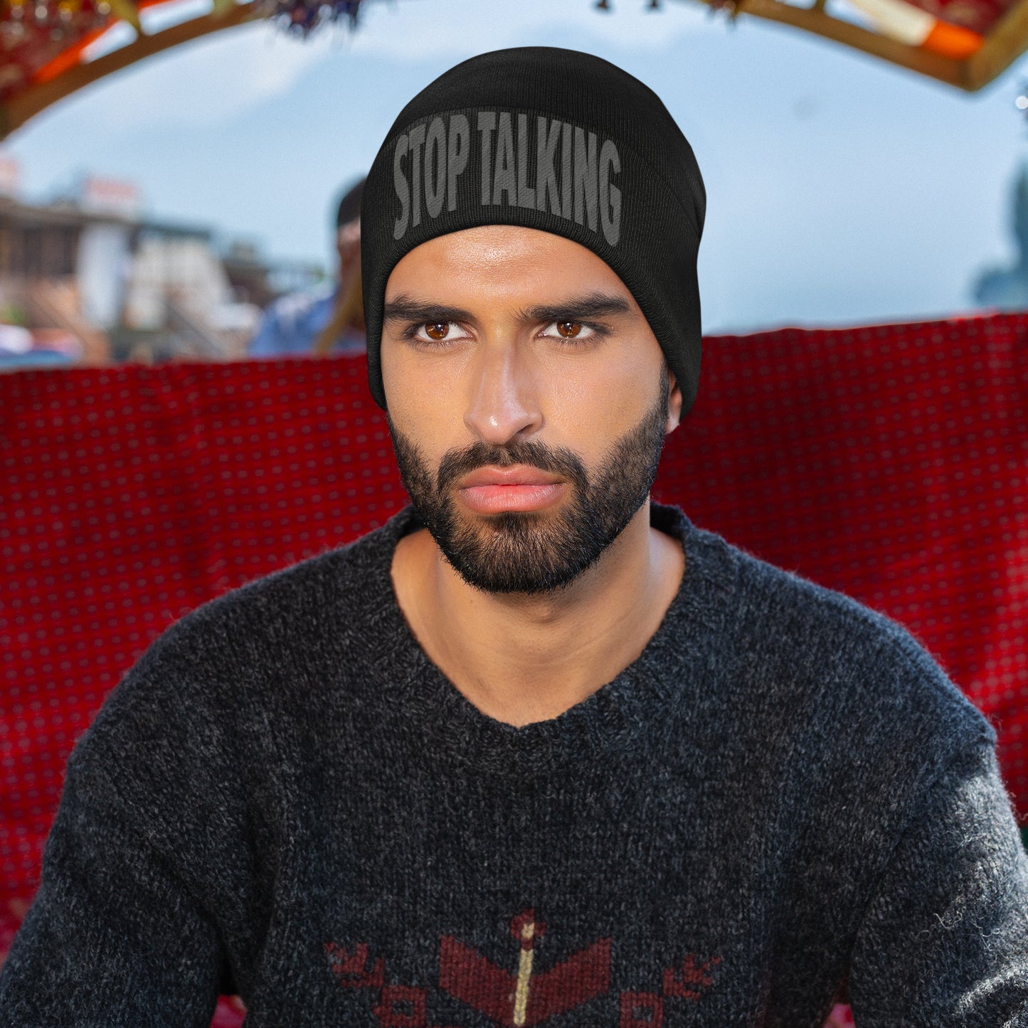 Stop Talking in black - Embroidered Beanie